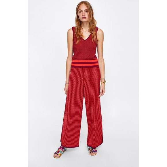 Zara Knit High Two Tone Print Flare Pants Red - Picture 3 of 13